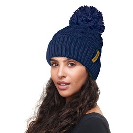 RockJock R80 Warm Chunky Cable Knit Pom Pom Hat with Thermal Insulating Teddy Fleece Liner-Navy