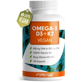 Omega-3 Vegan + D3 & K2 (120x), 1100mg Algae Oil with 600mg DHA & 300mg EPA + 1000 IU Vitamin D3 + 40 µg Vitamin K2 - O3 D3 K2 Vegan Essentials - Omega-3 Capsules Laboratory Tested with Certificate