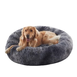 BedStill 36 inches Donut Dog Bed for Large Dogs - Calming Fluffy Round Pet Bed with Removable & Washable Cover,Fits up to 100 lbs Pets (Tie-dye Grey,Large)