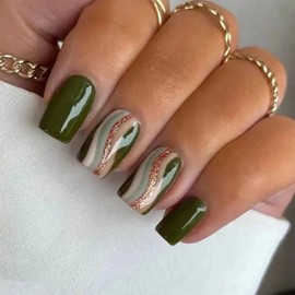 24 Pcs French Tip Press on Nails Medium Square False Nails Glitter Marble Style Full Cover Glue on Nails Bling Fake Nails Acrylic Coffin Nails Stick on Nails for Exquisite Women DIY, Green Ripple