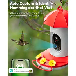 LongPlus® Hummingbird Feeder with Camera, Ant Moat, Bee Proof, Bird Feeder with Camera, Bird Watching Camera with 3 Feeding Ports, Instant Notification, Ideal Gift