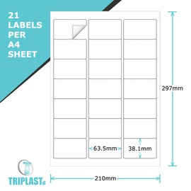 Triplast 10 x Multipurpose A4 Label Sheets - 21 Labels Per Sheet (64 x 38mm Each) - Easy Peel White Labels for Inkjet & Laser Printer - Address Labels, Shipping Labels, File Labels, DIY Stickers