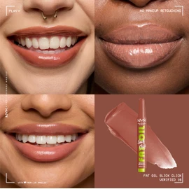 NYX Professional Makeup, Fat Oil Slick Click. Tono: Verified (nude fuerte). Brillo de labios en barra, hidrata hasta por 12hrs, infusión de aceite de aguacate y frambuesa.