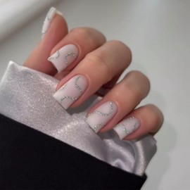 White Glitter Lines Press on Nails Medium Square with Silver Glitter Swirls French Tip Designs Glossy Full Cover Reusable Acrylic Fake Nails for Women Girls Finger Manicure Decorations 24Pcs