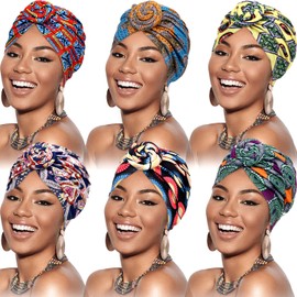 6 Pieces Women African Turban Flower Knot Pre-Tied Bonnet Beanie Cap Headwrap (Purple Yellow Flower)