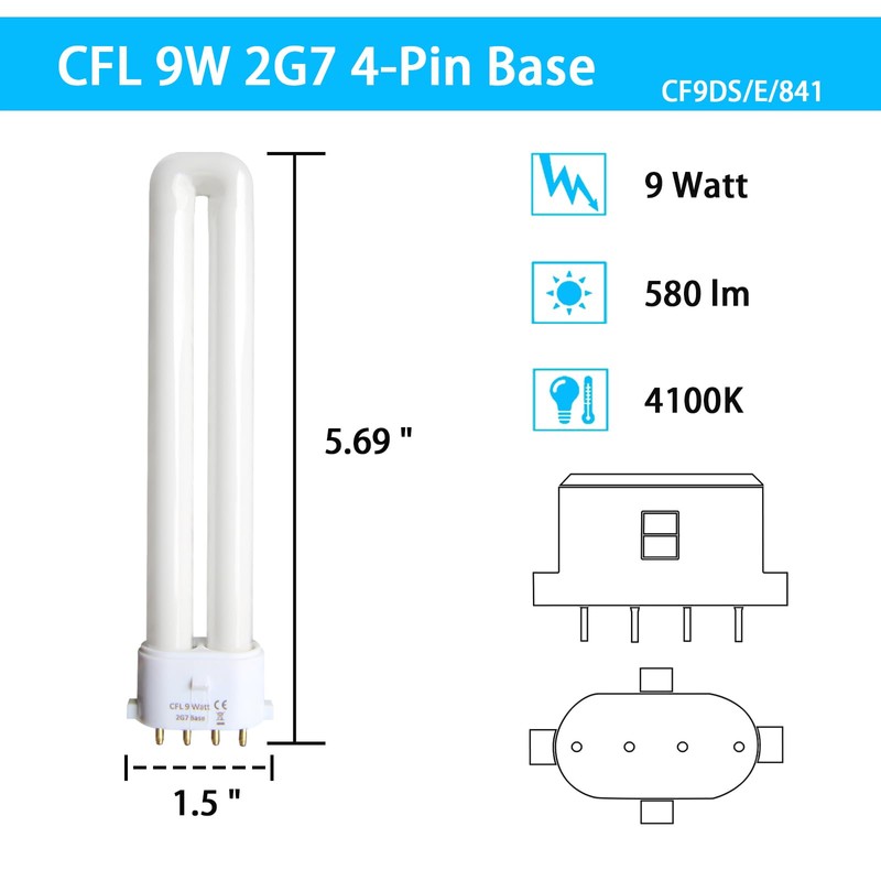 9 Watt 2G7 Base Fluorescent Light Bulb,Replacement for Satco S8365,