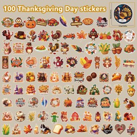 Thanksgiving Stickers Pack, 100Pcs Cute Thanksgiving Pumpkins Turkey Vinyl Waterproof Stickers for Water Bottles Envelopes Scrapbooking Crafts, Fall Autumn Sticker for Kids Adults Teens