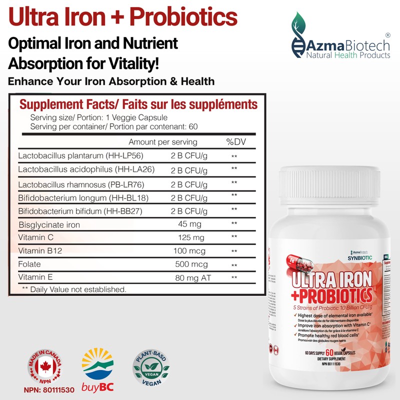 Azmabiotech Ultra Iron Supplements for Women & Men - Plant-Based