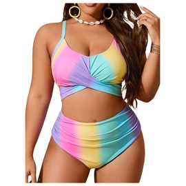 GORGLITTER - Conjunto de bikini de talle alto para mujer, de dos piezas, bloque de color, control de abdomen, Rosa Púrpura Azul Amarillo, 4X-Large Plus