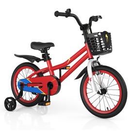 COSTWAY Kids Bike for Boys & Girls, 16 Inch Toddler Bike w/Removable Training Wheels, Handbrake & Coaster Brake, Basket, Bell, Kids Bicycle for Children Aged 3-8 Years Old (Red, Flash Pattern)