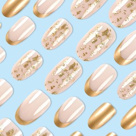 Gold French Tip Press on Nails Medium Almond Fake Nails with Gold Foil Glitter Designs Nude Pink False Nails Glossy Solid Color Glue on Nails Acrylic Artificial Stick on Nails for Women Girls 24Pcs