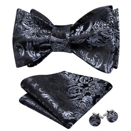 YOHOWA Mens Self Tie Bow Ties Black Grey Floral Bowties Pocket Square Cufflinks Set Formal Wedding Party