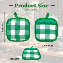 Thatyro 4 Pieces Checked Pot Holders Set, Heat Resistant Oven Mitts Pads with Pocket, Non-Slip Potholders for Kitchens Clearance Backing Cooking Countertop Decor Accessories (White, Green)
