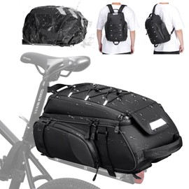RAINSMORE Bike Bag Back Rack Bag Waterproof Bicycle Panniers for Rear Rack 15L Large Bike Ebike Trunk Saddle Seat Bag Carrier with Rain Cover Bike Backpack Shoulder Bag for Commuter Outdoor, Black