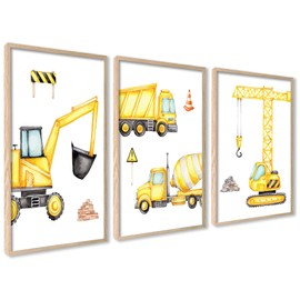 ag.art deco Set of 3 Children's Room Poster Set | 3 Pieces A4 21 x 30 cm | Yellow Crane Excavator Trolley Concrete Mixer Construction Site | Girls and Boys Picture Set | Without Frame