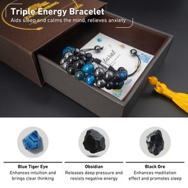 Triple Protection Energy Bracelet, Healing Crystals for Negative Energy Protection, Unisex Amulet with Obsidian, Tiger Eye, and Onyx Stones, Spiritual Jewelry for Men and Women, Healing, Manifestation, and Wellness(8mm Obsidian Blue Tiger Eye Bracelet)