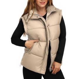 JUJIAYOUPIN Womens Zip up Puffer Vest Lightweight Stand Collar Sleeveless Oversized Quilted Padded Jacket Coat(Khaki-M)