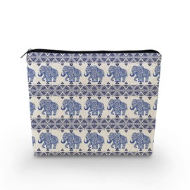 YULUENZE Blue Elephant Present Ethnic Pattern Elephant Canvas Makeup Bag Cute Small Organizer Bag with Zipper Elephants Toiletry Cosmetic Bag Birthday Presents for Elephant Lovers Women Friends