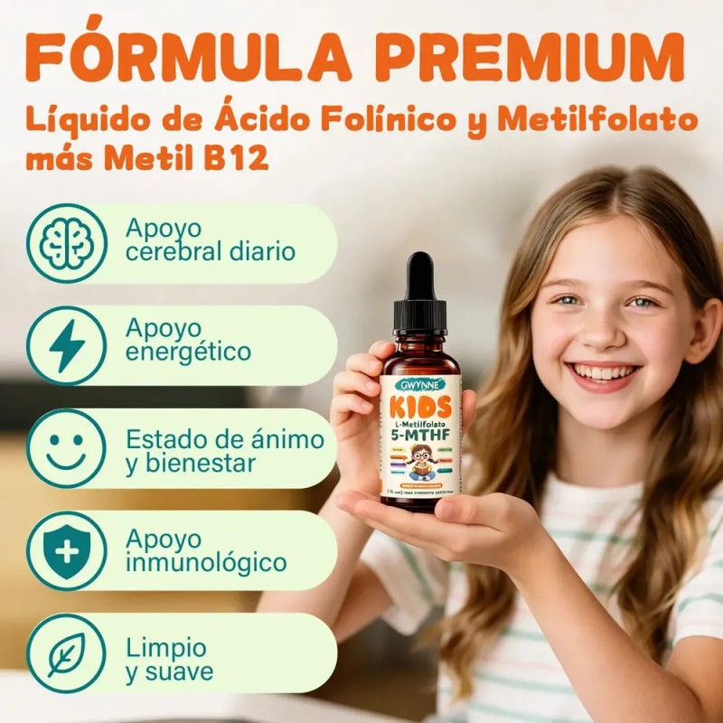 GWYNNE Kids L-Metilfolato 5-MTHF Gotas Líquidas,Fórmula Doble Folato con Vitamina