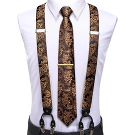 Hi-Tie Men's Brown and Gold Suspenders and Tie Set Adjustable Elastic Y Braces with Strong 6 Clips Pocket Square Set