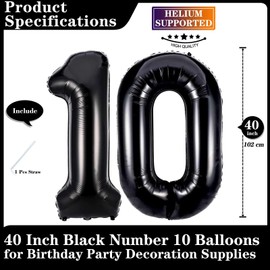 Black 10 Number Balloons, 40 Inch Giant Number 10 Balloons Foil Mylar Helium Black Number Balloons for 10th Birthday Party Supplies Anniversary Event Celebration Decorations