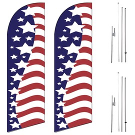 FFN Pack-2 American Glory 6ft Feather Flags Outdoor Signs with complete 8ft poles Kit, Pack Includes 2 Flags and 2 Poles Kit with 2 Ground Stakes (stars on left)