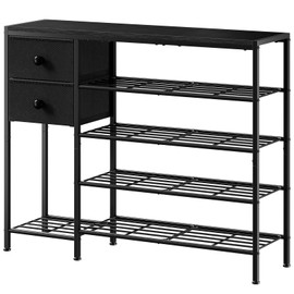 UNITSTAGE 5-Tier Shoe Rack with 2 Fabric Drawers, Metal Frame and Wooden Board Shoe Organizer for 16-20 Pairs of Shoes, Shoe Shelf with Boots Storage for Entryway Closet Black