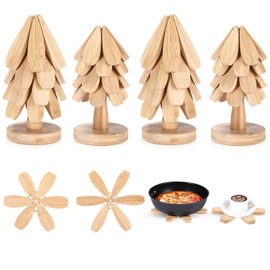 Wonderjune 4 Tree Trivet Set for Hot Dishes, 16 Wooden Trivets and 4 Stands, 2 Sizes Foldable Tree Shaped Coasters Decorative Hot Pad Mat Kitchen Table Decor for Pans, Pots, Cups(Bamboo Wood)