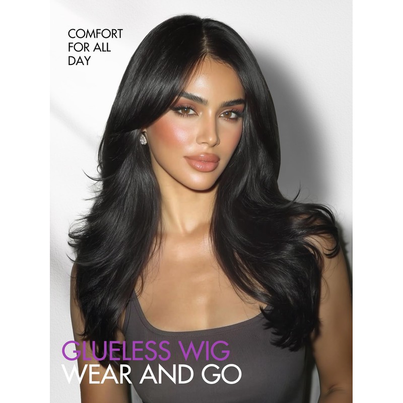 WIGER Layered Wavy Wig with Bangs Middle Part Glueless Curtain