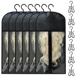 Hair Extensions Storage Bag, 6 PCS Portable Wig Storage Bags with Hooks Dustproof Hairpieces Storage Holder for Store Style Hair (Black)