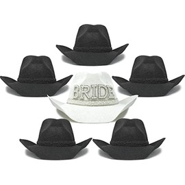 Funky Junque Women's Cowboy Hat Bundle - 6 Pack - 1 Bride (White/Silver) & 5 Black
