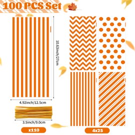 ZYLOP Fall Cellophane Treat Bags, 100pcs Plastic Orange Stripe Wave Dot Thanksgiving Candy Goodie Bags for Autumn Cookie Snack with Twist Ties for Autumn Thanksgiving Fall Birthday Party Favor