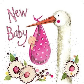 Alex Clark New Baby Girl Stork Card - New Baby - Floral - Animal - Nature - Bird - Cards For New Baby