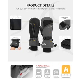 Caracaleap Ski Gloves Winter Gloves Men Women Winter Snow Mittens Waterproof Winter Gloves Grey M-L