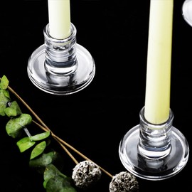 Low Glass Taper Candle Holders fit Candle Base Diameter 5/6-7/8 inch- Wedding Table Centerpiece Short Clear Candlestick Holders - Set of 6