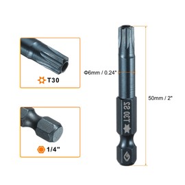 TA-VIGOR 3Pcs T30 Torx Head Screwdriver Bits 1/4 Inch Hex Shank, 50mm Long Magnetic Tamper Proof Star S2 Steel Security Torx Bits with Hole for Impact Driver Drill Bits Hand Tools