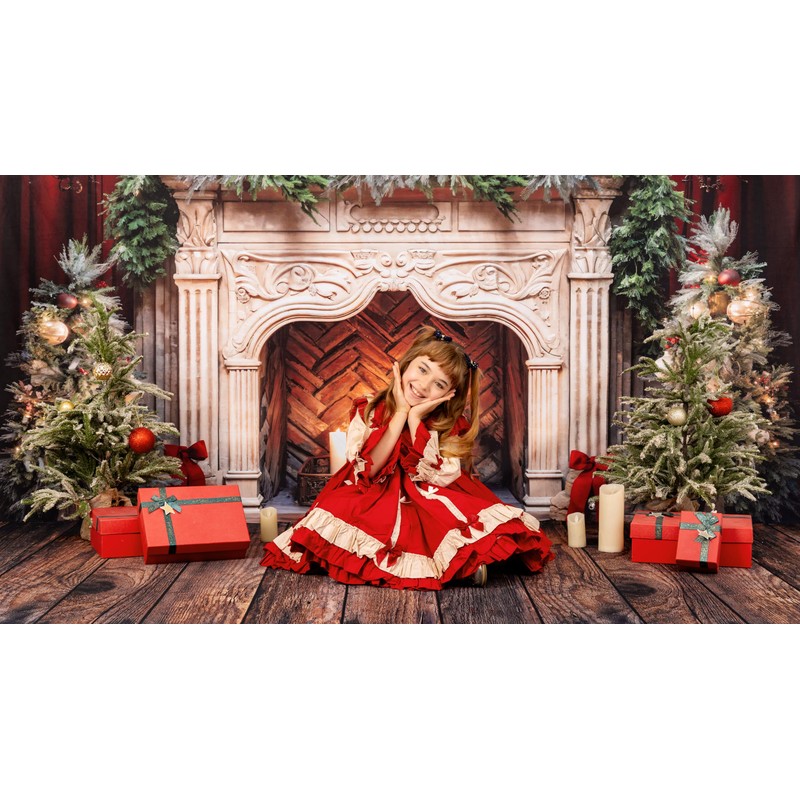Red Curtain Christmas Fireplace Backdrop with Candlelit Wreath Holiday Photo