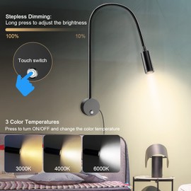 ERAY Plug-in LED Wall Mount Reading Light with 15" Flexible Gooseneck & USB Charging Port Dimmable Focused Bedside Reading Lights Black-1 Pack