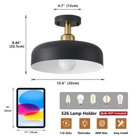 Bwxcie Modern Semi Flush Mount Ceiling Light,Mid Century Hallway Ceiling Light Fixture,E26 Ceramic Lamp Head,Black and Gold Light Fxiture Ceiling for Kitchen Entryway Bedroom Hall Entry (12.6 in)