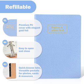 Refillable Address Book with Alphabetical Tabs, Gold Foil Hardcover Phone Book 648 Contacts Book, 48 Passwords Combo Book, Large Print Address Books for Seniors, A5, Blue