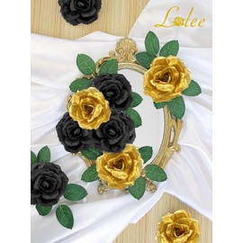 108pcs Roses Head Flowers with Stem - Black & Gold Graduation Artificial Flowers Rose Bulk - Silk Rose Fake Flower for Wedding Bouquet Decor DIY Baby Shower Centerpieces Grad Party Tables Decoration