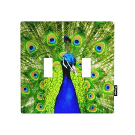 Pznen Vivid Peacock Drawing Double Toggle Light Switch Cover Peacock Feathers 2 Gang Wall Plate Decorative Faceplate Electrical Switchplate Bathroom Bedroom