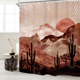 Miyotaa Abstract Mountain Shower Curtain Set 60Wx71H Inches Boho Sun Sunset Sunrise Mid Century Terracotta Cactus Desert Polyester Waterproof Cloth Bathroom Curtain with 12 Hooks