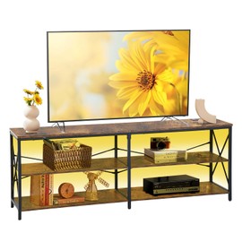 FurnitureR TV Stand with LED Lights and Power Station, 63" Entertainment Center up to 70 Inch Television, TV Media Console Table with 3-Tier Storage Shelves for Living Room and Bedroom, Brown
