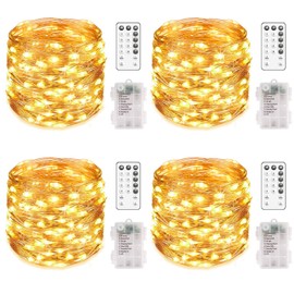 MUMUXI 4 Pack 20 ft Remote Control Fairy Lights Battery Operated String Lights with Timer, 60 LED Twinkle LEDs, Outdoor Waterproof Copper Wire Firefly Lights, Warm White