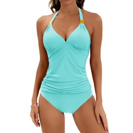 B2prity Halter Tankini Swimsuit for Women Tummy Control Two Piece Bathing Suit V Neck Swimwear with Shorts Blue Green