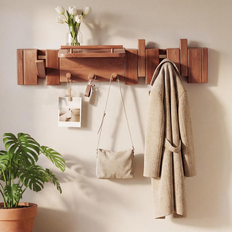 Mid Century Modern Wood Coat Rack Wall Mount with Shelf,