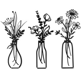 Metal Wall Decor 3 Pcs 14.6 Inches Wrought Iron Flowers and Vases for Living Room, Accent Wall Art for Bedroom, Large Modern Home Wall Sculpture, Black