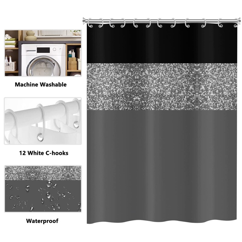 ASDCXZ Shower Curtain Glitter 180x200 cm, Modern Black Grey Glitter