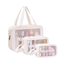 Travel Clear Makeup Bag, Portable Waterproof Cosmetic Organizer Case with Handle for Women, Essential Carry-on Travel Accessories for Toiletries and Brushes (3 PCS-White)